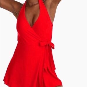 JCrew: Red Halter Wrap Swim Dress